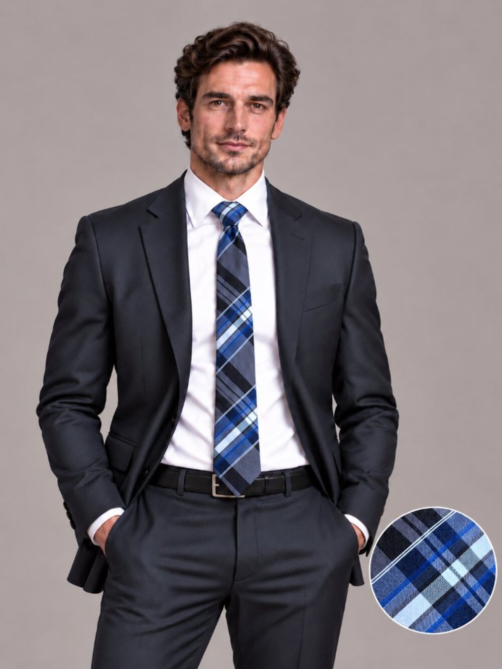 Reaction Kenneth Cole Silk Necktie Skinny Gray Blue Black Plaid Tie USA Made NEW